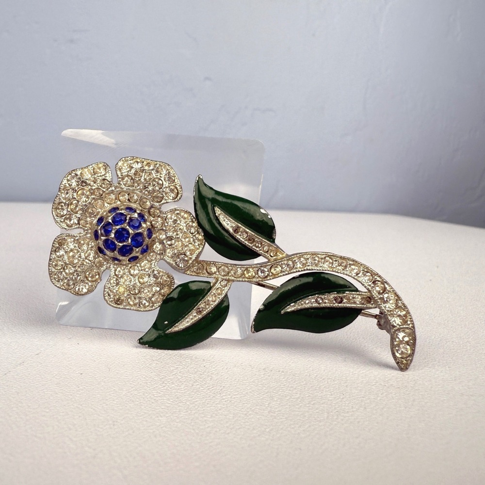 Vintage Floral Rhinestone Brooch Green Enamel Flower Pin Mid-Century Jewelry